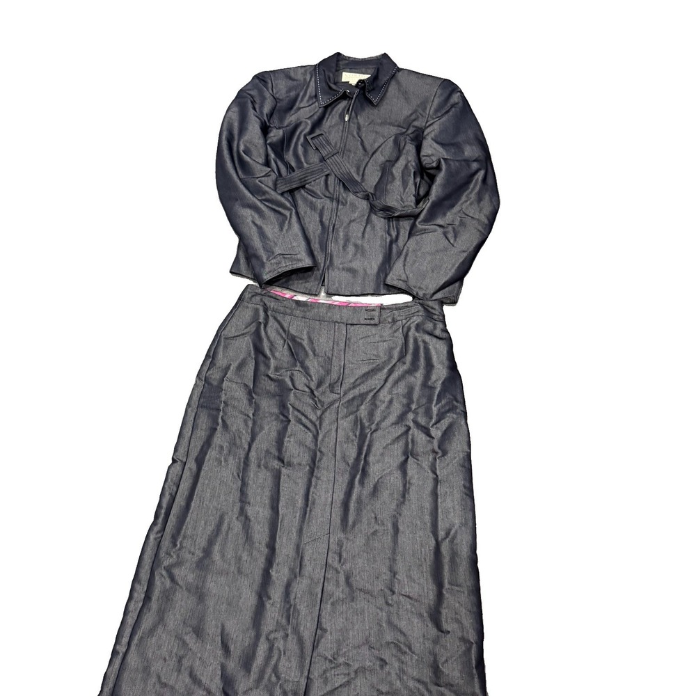 Norton McNaughton Women’s Jacket Skirt Suit Set Size 10/8 Black Gray Belted 2PC